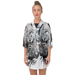 Drawing Angry Male Lion Roar Animal Half Sleeve Chiffon Kimono by danenraven