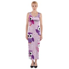Seamless Cute Colourfull Owl Kids Pattern Fitted Maxi Dress by Wegoenart