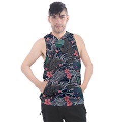 Japanese Wave Koi Illustration Seamless Pattern Men s Sleeveless Hoodie by Wegoenart