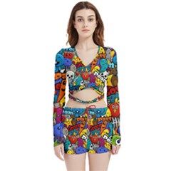 Graffiti Characters Seamless Pattern Velvet Wrap Crop Top And Shorts Set by Wegoenart
