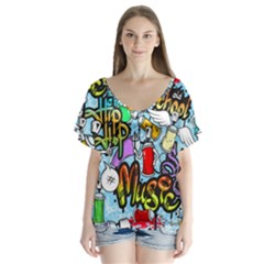 Graffiti Characters Seamless Patterns V-neck Flutter Sleeve Top by Wegoenart