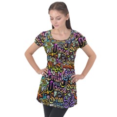 Graffiti Word Seamless Pattern Puff Sleeve Tunic Top by Wegoenart
