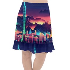 Cityscape Building Painting 3d City Illustration Fishtail Chiffon Skirt by danenraven