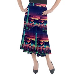 Cityscape Building Painting 3d City Illustration Midi Mermaid Skirt by danenraven