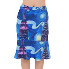 Starry Night In New York Van Gogh Manhattan Chrysler Building And Empire State Building Short Mermaid Skirt by danenraven