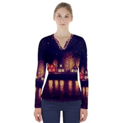 Night Houses River Bokeh Leaves Fall Autumn V-neck Long Sleeve Top by danenraven