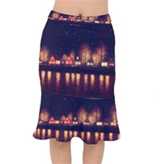 Night Houses River Bokeh Leaves Fall Autumn Short Mermaid Skirt by danenraven