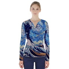The Great Wave Of Kanagawa Painting Starry Night Vincent Van Gogh V-neck Long Sleeve Top by danenraven