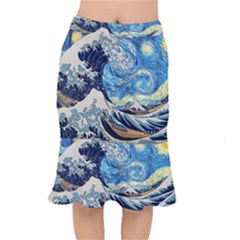 The Great Wave Of Kanagawa Painting Starry Night Vincent Van Gogh Short Mermaid Skirt by danenraven