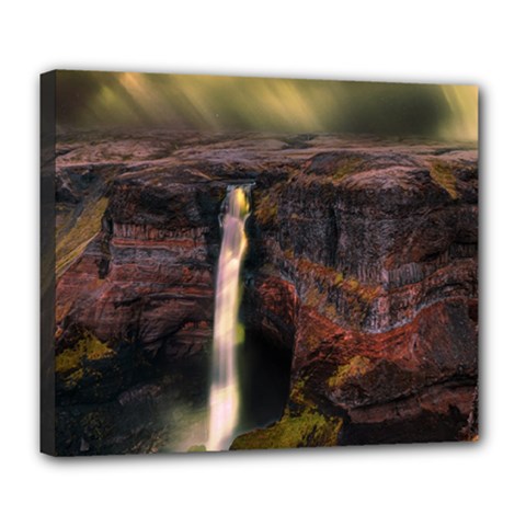 Waterfall Cascade Mountains Cliffs Northern Lights Deluxe Canvas 24  X 20  (stretched) by danenraven
