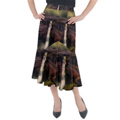 Waterfall Cascade Mountains Cliffs Northern Lights Midi Mermaid Skirt by danenraven