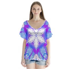 Snowflake Kaleidoscope Template Background V-neck Flutter Sleeve Top by Ravend