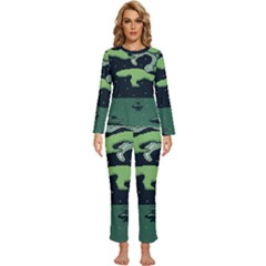 Ship Sea Monster Boat Island Night Pixel Womens  Long Sleeve Lightweight Pajamas Set by Pakemis