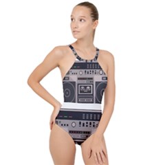 Cassette Recorder 80s Music Stereo High Neck One Piece Swimsuit by Pakemis