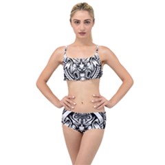 Tiger Illustration Vintage Border Frame Engraving With Retro Ornament Pattern Antique Rococo Style D Layered Top Bikini Set by Pakemis