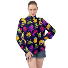 Space Patterns High Neck Long Sleeve Chiffon Top by Pakemis