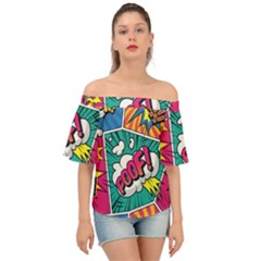 Comic Colorful Seamless Pattern Off Shoulder Short Sleeve Top by Pakemis