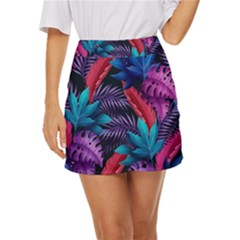 Background With Violet Blue Tropical Leaves Mini Front Wrap Skirt by Pakemis