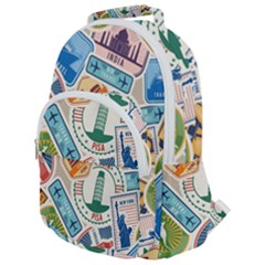 Travel Pattern Immigration Stamps Stickers With Historical Cultural Objects Travelling Visa Immigran Rounded Multi Pocket Backpack by Pakemis