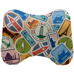 Travel Pattern Immigration Stamps Stickers With Historical Cultural Objects Travelling Visa Immigran Head Support Cushion by Pakemis