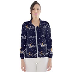 Hand Drawn Scratch Style Night Sky With Moon Cloud Space Among Stars Seamless Pattern Vector Design Women s Windbreaker by Pakemis