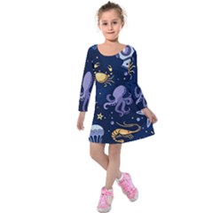 Marine Seamless Pattern Thin Line Memphis Style Kids  Long Sleeve Velvet Dress by Pakemis