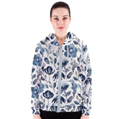 Indigo-watercolor-floral-seamless-pattern Women s Zipper Hoodie by Pakemis