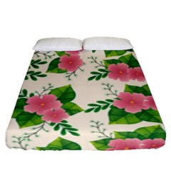Cute-pink-flowers-with-leaves-pattern Fitted Sheet (queen Size) by Pakemis