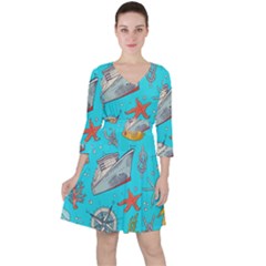 Colored-sketched-sea-elements-pattern-background-sea-life-animals-illustration Quarter Sleeve Ruffle Waist Dress by Pakemis