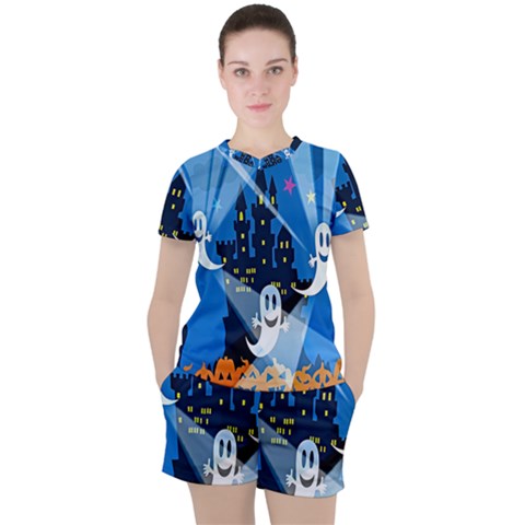 Halloween Ghosts Haunted House Women s Tee And Shorts Set by artworkshop
