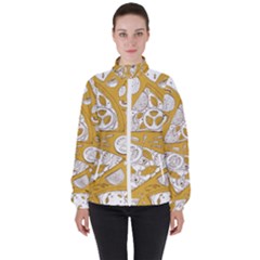 Vector-seamless-pizza-slice-pattern-hand-drawn-pizza-illustration-great-pizzeria-menu-background - Women s High Neck Windbreaker by Pakemis