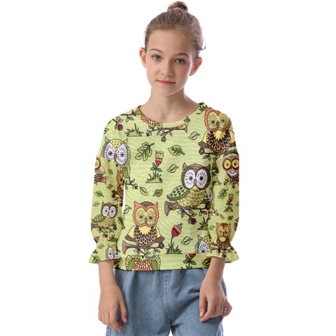 Seamless-pattern-with-flowers-owls Kids  Cuff Sleeve Top by Pakemis