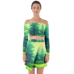 Anime Forrest Nature Fantasy Sunset Trees Woods Off Shoulder Top With Skirt Set by Uceng
