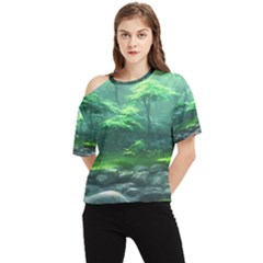 River Forest Woods Nature Rocks Japan Fantasy One Shoulder Cut Out Tee by Uceng