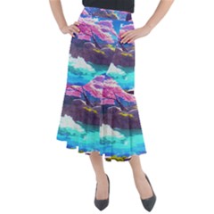 Fantasy Japan Mountains Cherry Blossoms Nature Midi Mermaid Skirt by Uceng