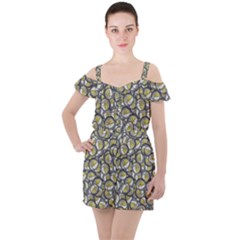 Gong Instrument Motif Pattern Ruffle Cut Out Chiffon Playsuit by dflcprintsclothing