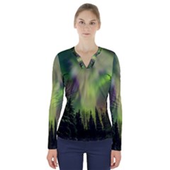 Aurora Borealis In Sky Over Forest V-neck Long Sleeve Top by danenraven