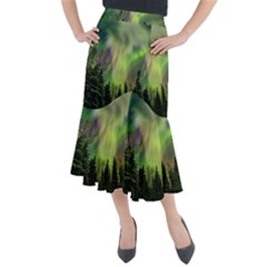 Aurora Borealis In Sky Over Forest Midi Mermaid Skirt by danenraven
