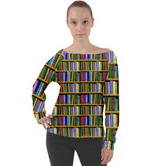 Books On A Shelf Off Shoulder Long Sleeve Velour Top by TetiBright