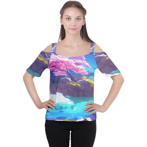 Fantasy Japan Mountains Cherry Blossoms Nature Cutout Shoulder Tee by Uceng