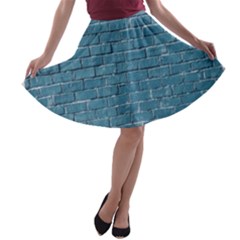 White And Blue Brick Wall A-line Skater Skirt by artworkshop
