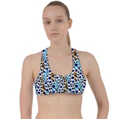 Blue Beige Leopard Criss Cross Racerback Sports Bra by DinkovaArt