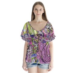 Abstract Intarsio V-neck Flutter Sleeve Top by kaleidomarblingart