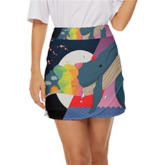 Whale Moon Ocean Digital Art Mini Front Wrap Skirt by Jancukart
