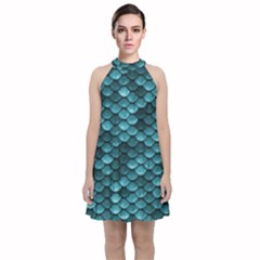Teal Scales! Velvet Halter Neckline Dress  by fructosebat