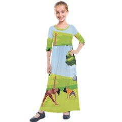 Mother And Daughter Yoga Art Celebrating Motherhood And Bond Between Mom And Daughter  Kids  Quarter Sleeve Maxi Dress by SymmekaDesign
