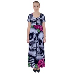 Black Skulls Red Roses High Waist Short Sleeve Maxi Dress by GardenOfOphir