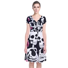 Black And White Rose Sugar Skull Short Sleeve Front Wrap Dress by GardenOfOphir
