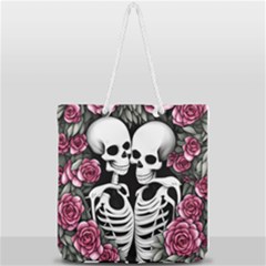 Black And White Rose Sugar Skull Full Print Rope Handle Tote (large) by GardenOfOphir
