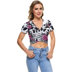 Black And White Rose Sugar Skull Short Sleeve Foldover Tee by GardenOfOphir